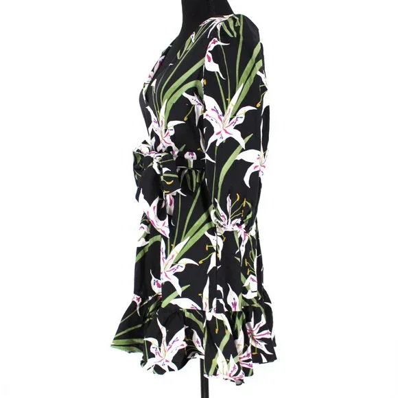 Borgo De Nor Anita Mini Dress Black Multicolor Lilly Print Ruffle Hem Belted 12